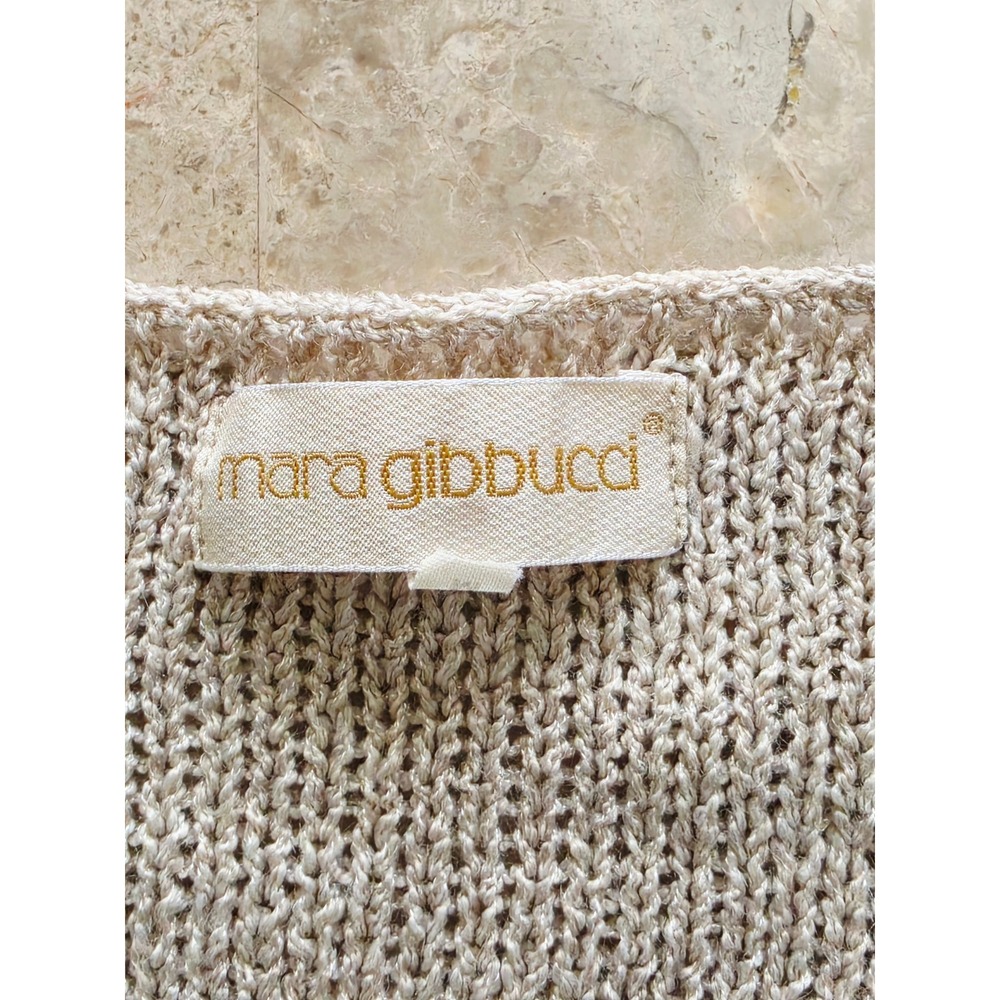 MARA GIBBUCCI Beige Lagenlook V-Neck Knit Top Side Tie Tassels Open Stitch M - Picture 2 of 16